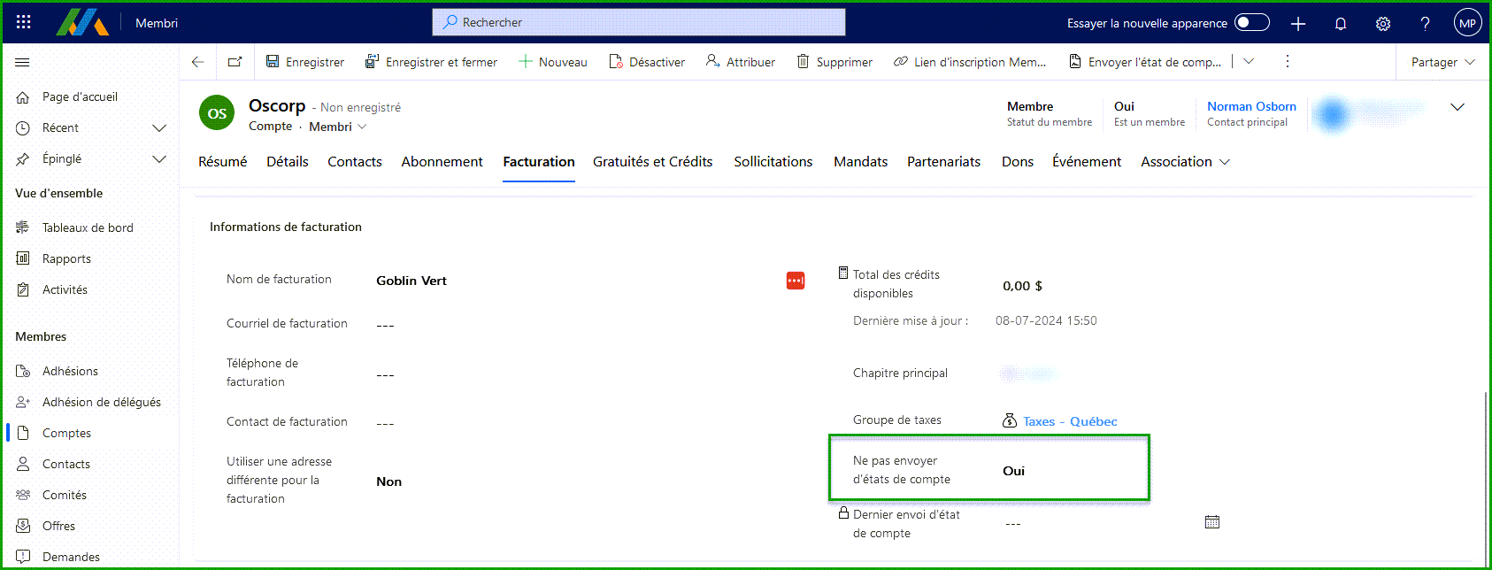 Exclure un compte des états de compte